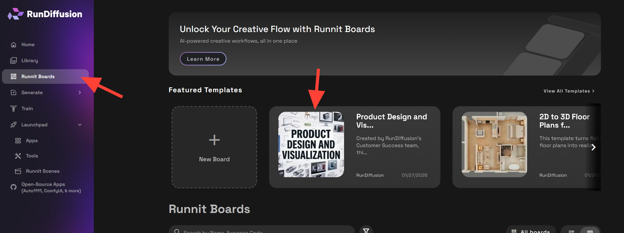 RunDiffusion’s Runnit Platform and on the left side panel select Runnit Boards. On the left sidebar click Runnit Boards then