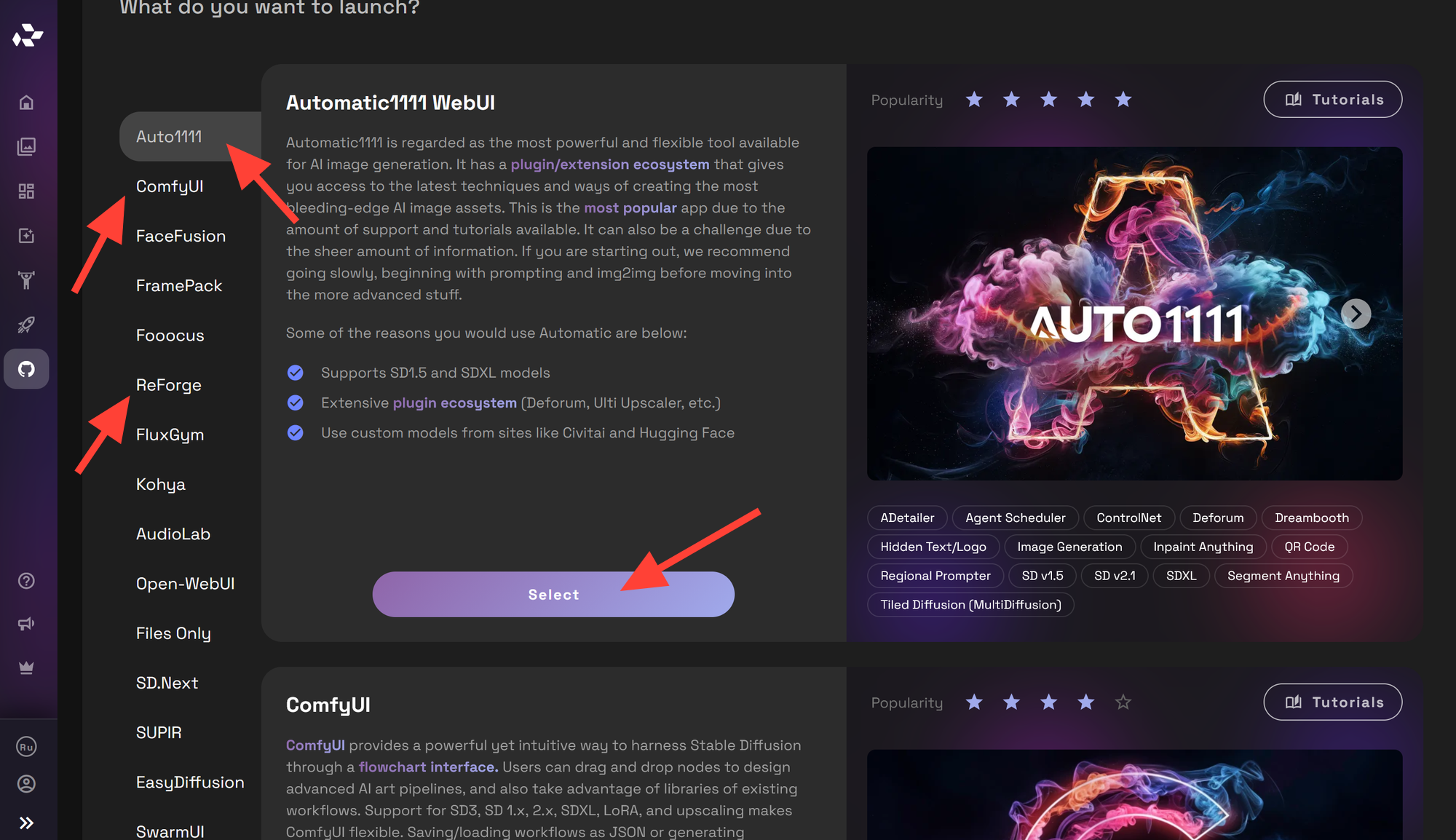Screenshot showing how to find the Open-Source Apps Select one of the OpenSource Applications such as Automatic1111,...
