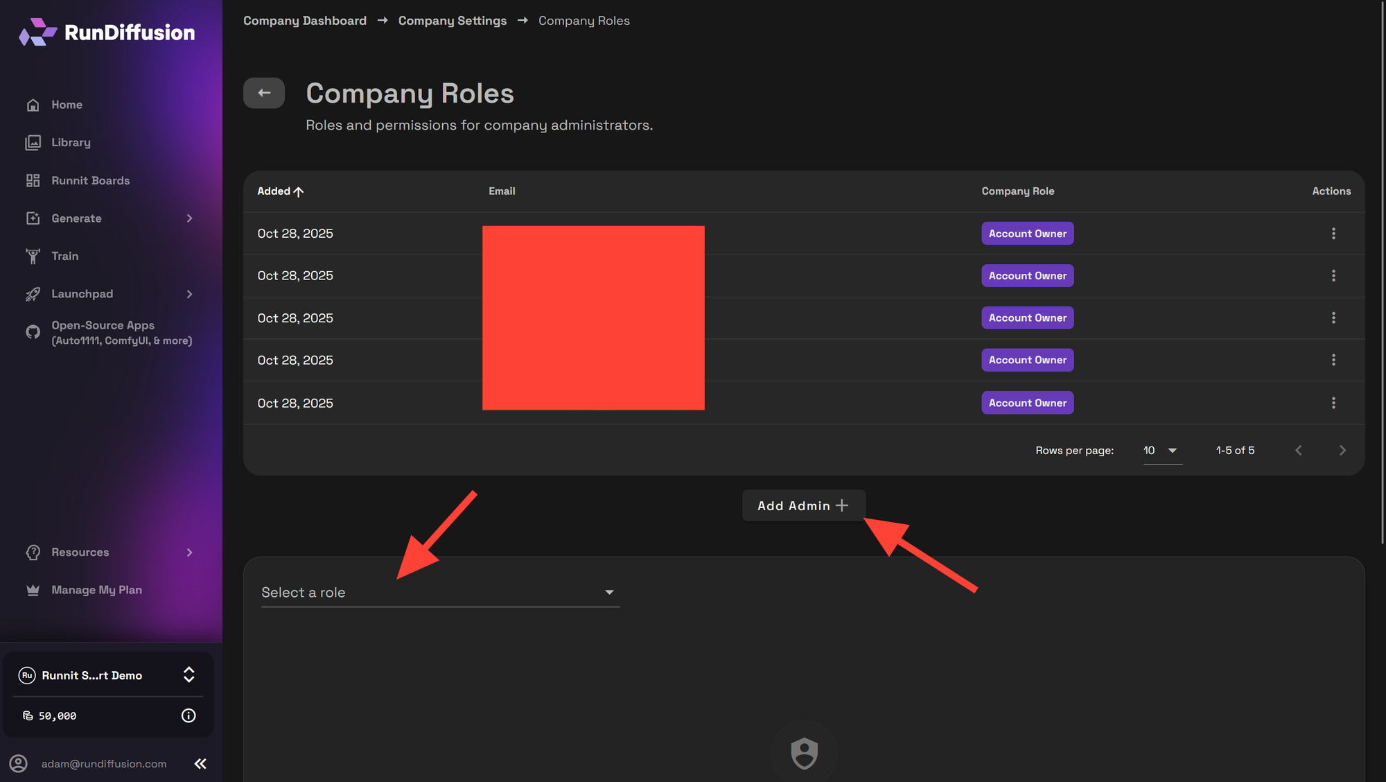 Screenshot showing min was added See their assigned Company Role Add new administrators using Add Admin + Select a role...