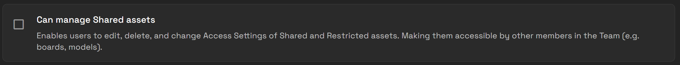 Can manage Shared assets permission in Generation Tools permissions.