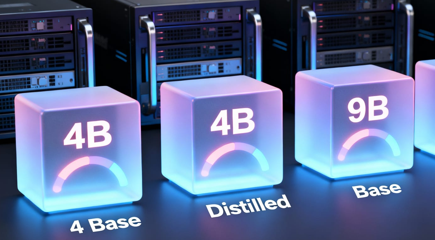 Futuristic studio scene visualizing the Flux.2 Klein 4B and 9B model family as glowing geometric cores, with neon trails showing speed and quality while engineers review generated images.