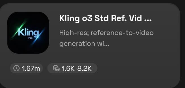 Kling O3 Std Ref. Vid to Vid tool card in Runnit