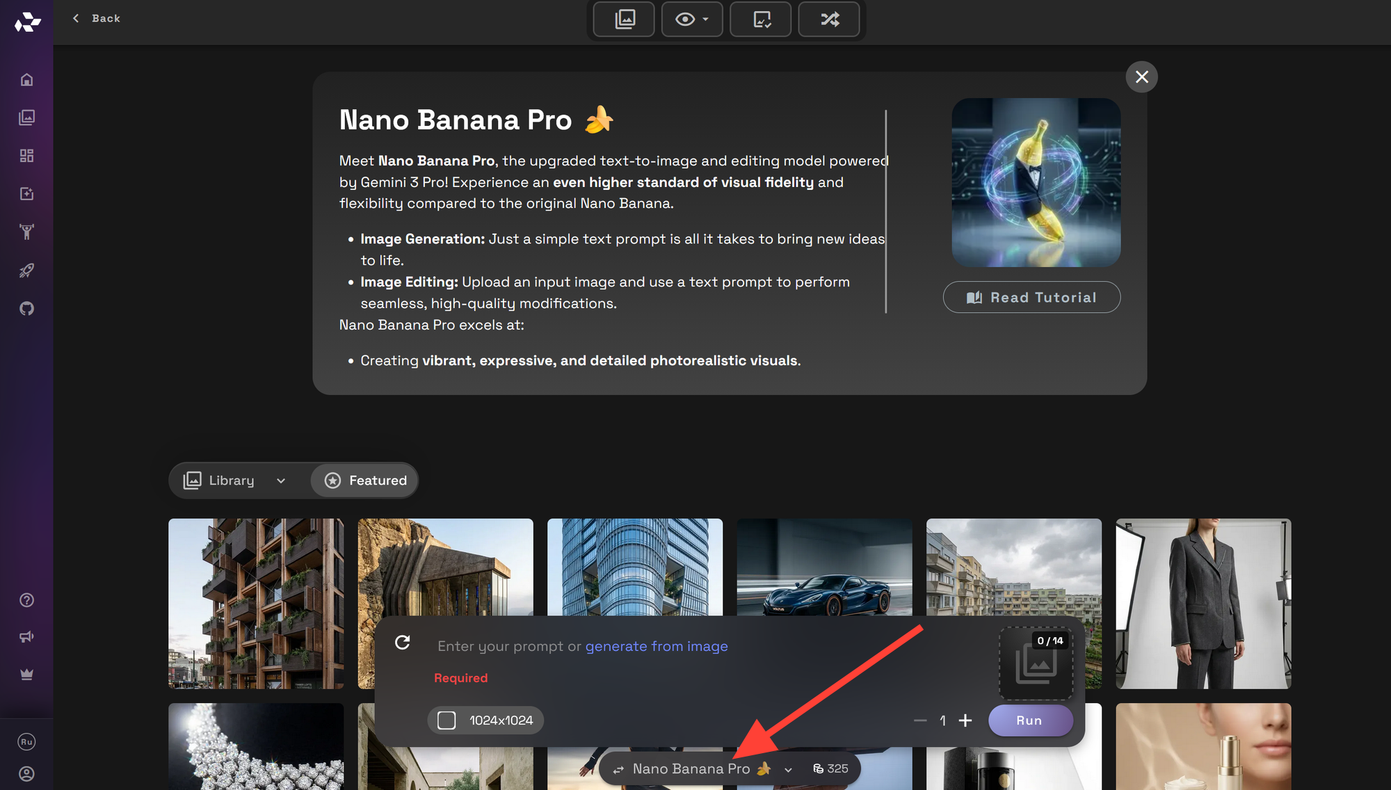 Nano Banana Pro selected in the RunDiffusion image generator