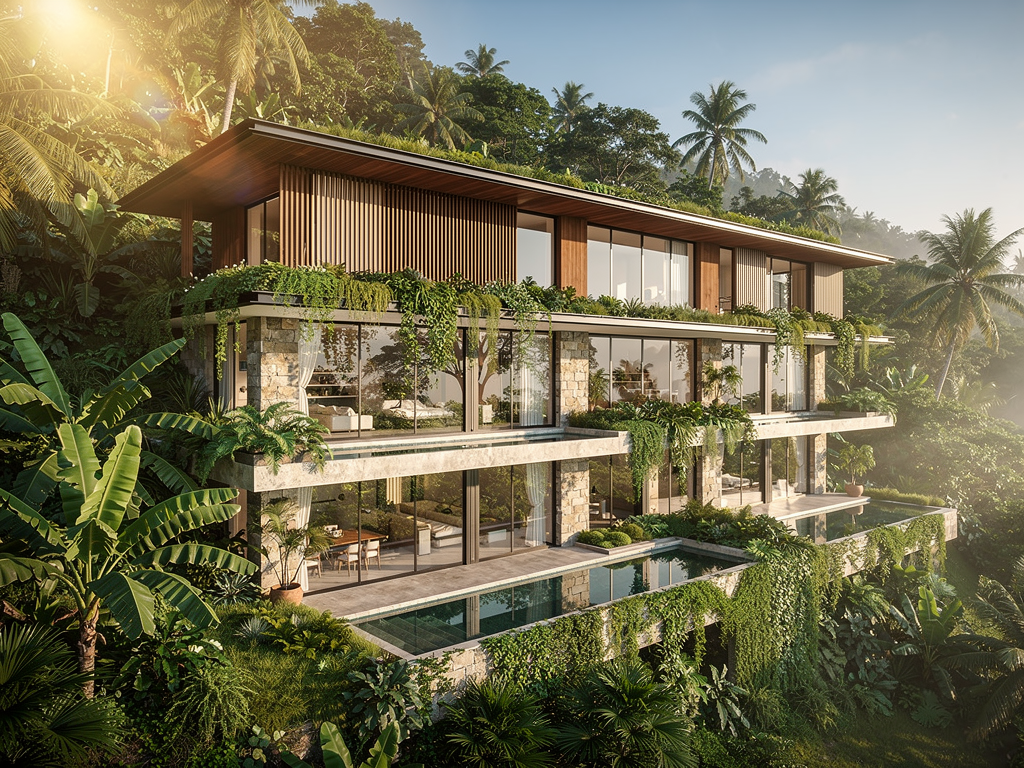 Biophilic architecture render of a luxury tropical hillside residence with terraced greenery, reflecting pools, limestone, teak, and glass.