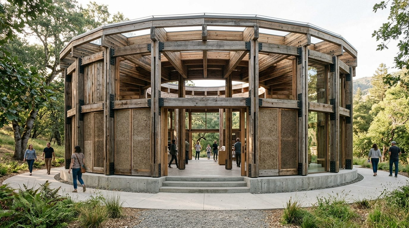 Circular low carbon architecture render of a sustainable pavilion with reclaimed timber, low-carbon concrete, and bio-based materials.