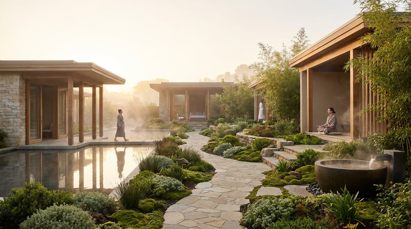 Wellness-centered architecture render of a serene luxury retreat with open-air pavilions, reflecting pools, and landscaped gardens.