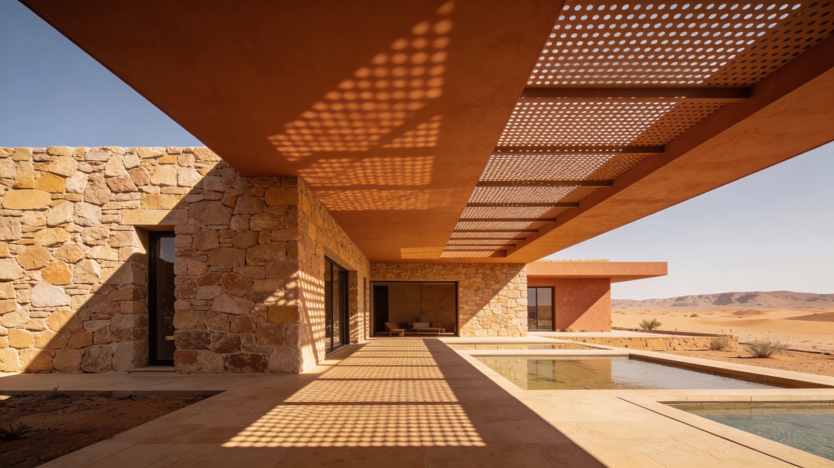 Climate responsive architecture render of a desert villa with deep overhangs, perforated screens, and geometric sun shadows.
