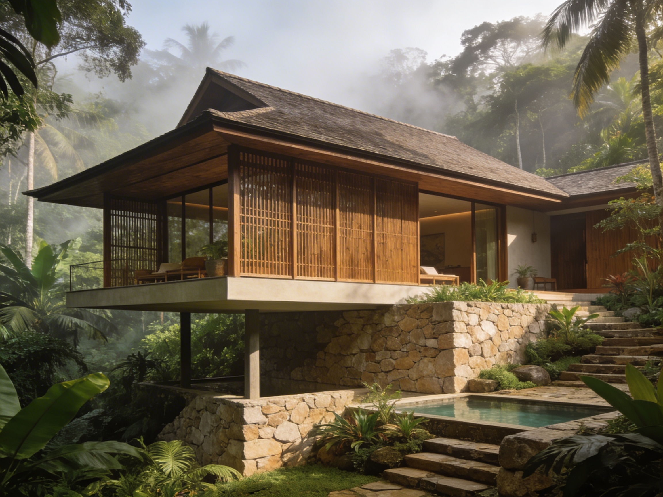 Vernacular regional modernism render of a tropical residence inspired by Southeast Asian architecture with broad rooflines and lush jungle surroundings.