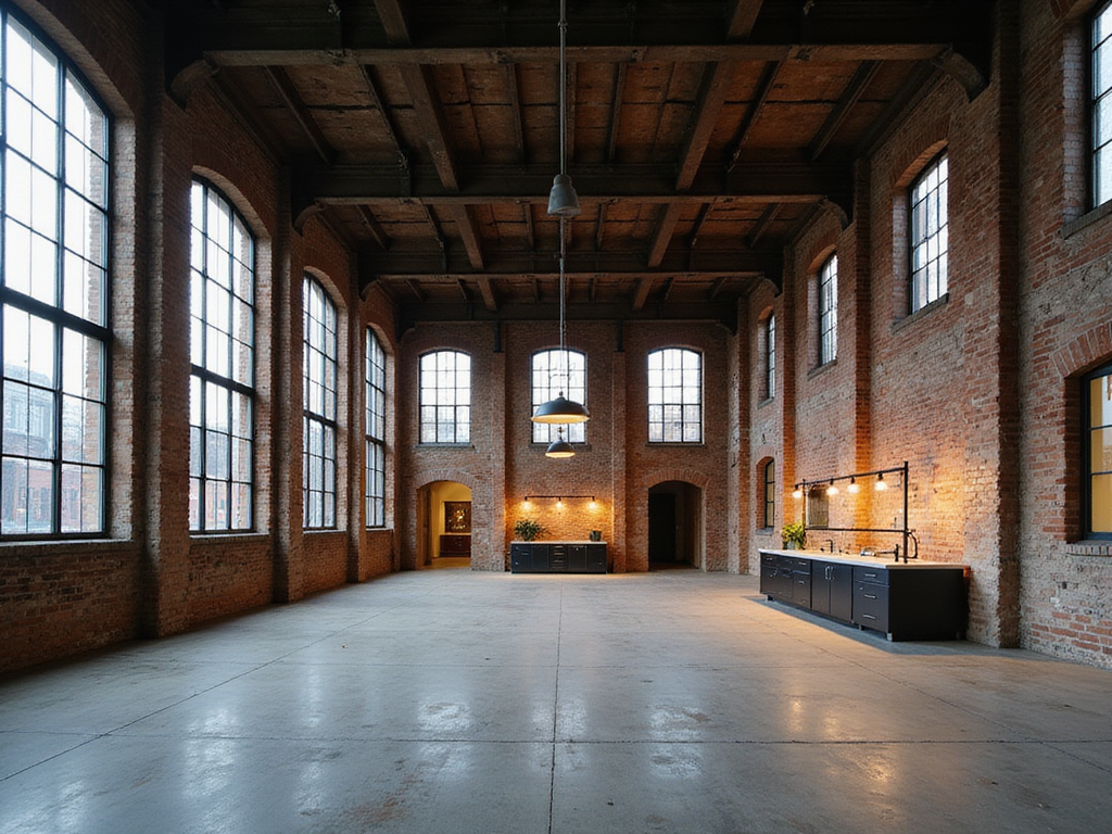 Adaptive reuse architecture render of a restored industrial warehouse converted into a high-end creative studio.