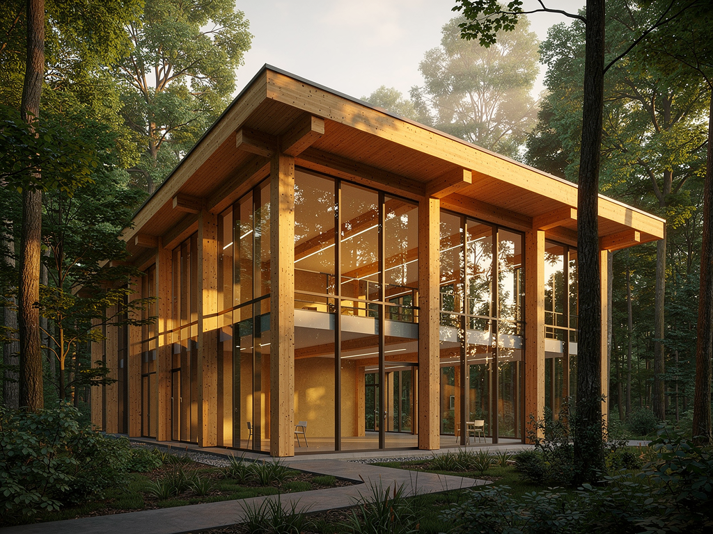 Mass timber modernism render of a contemporary timber office building with glass curtain walls in a forest setting.