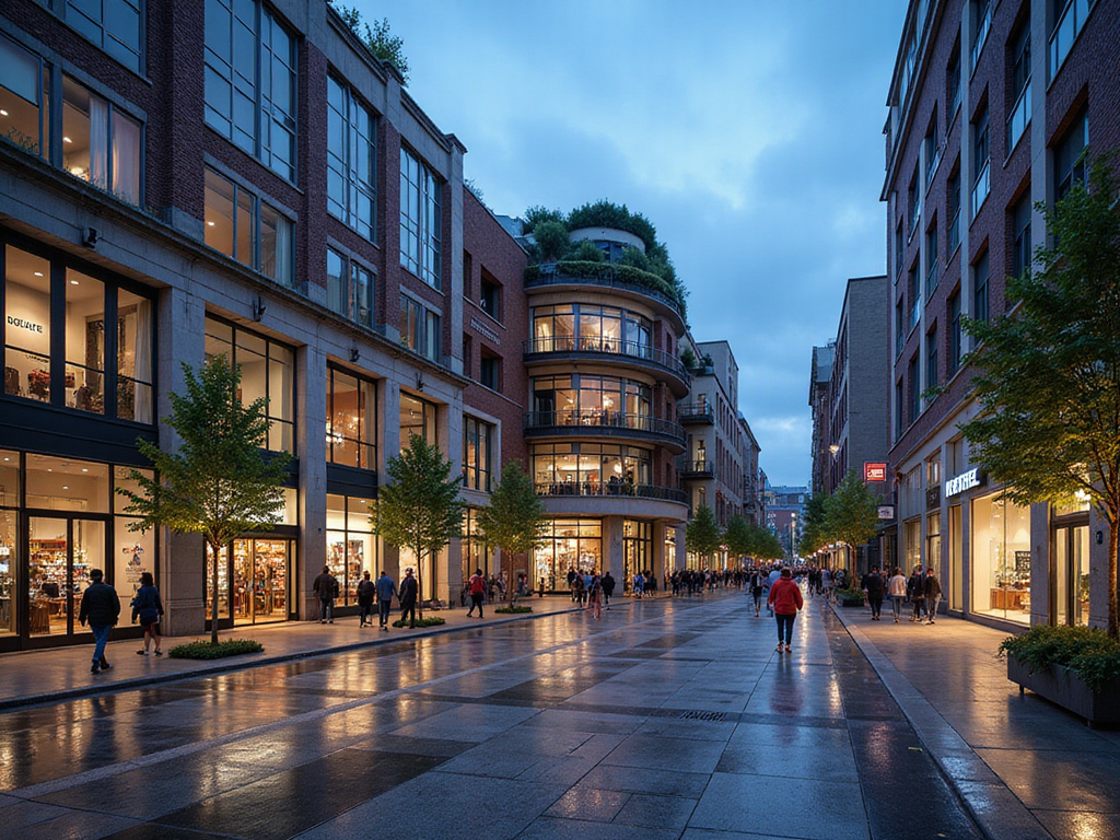 Experience-driven mixed use urbanism render of a vibrant mixed-use development with retail, hotel frontage, rooftop gardens, and active public space.