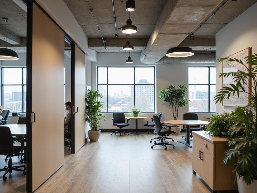Flexible adaptable architecture render of a modern workspace with sliding partitions, modular meeting zones, and integrated greenery.