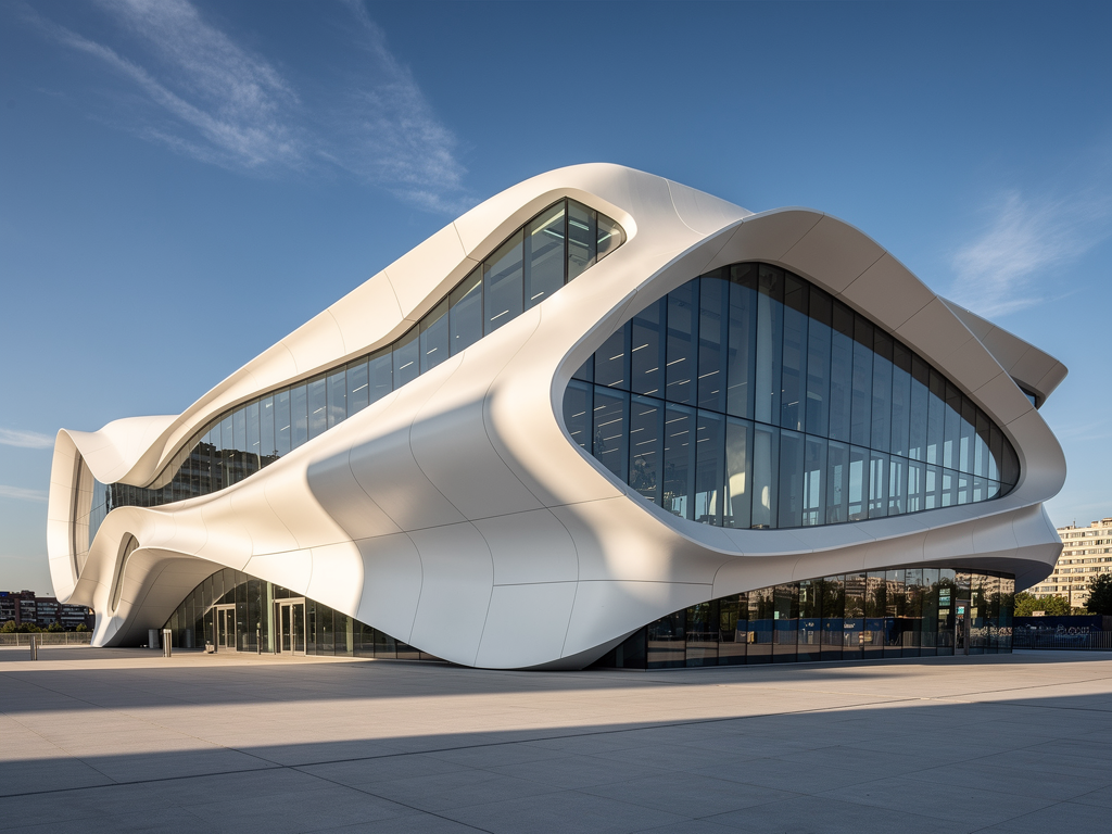 Computational parametric architecture render of a futuristic landmark with flowing curves, algorithmic facade geometry, and expansive glass.