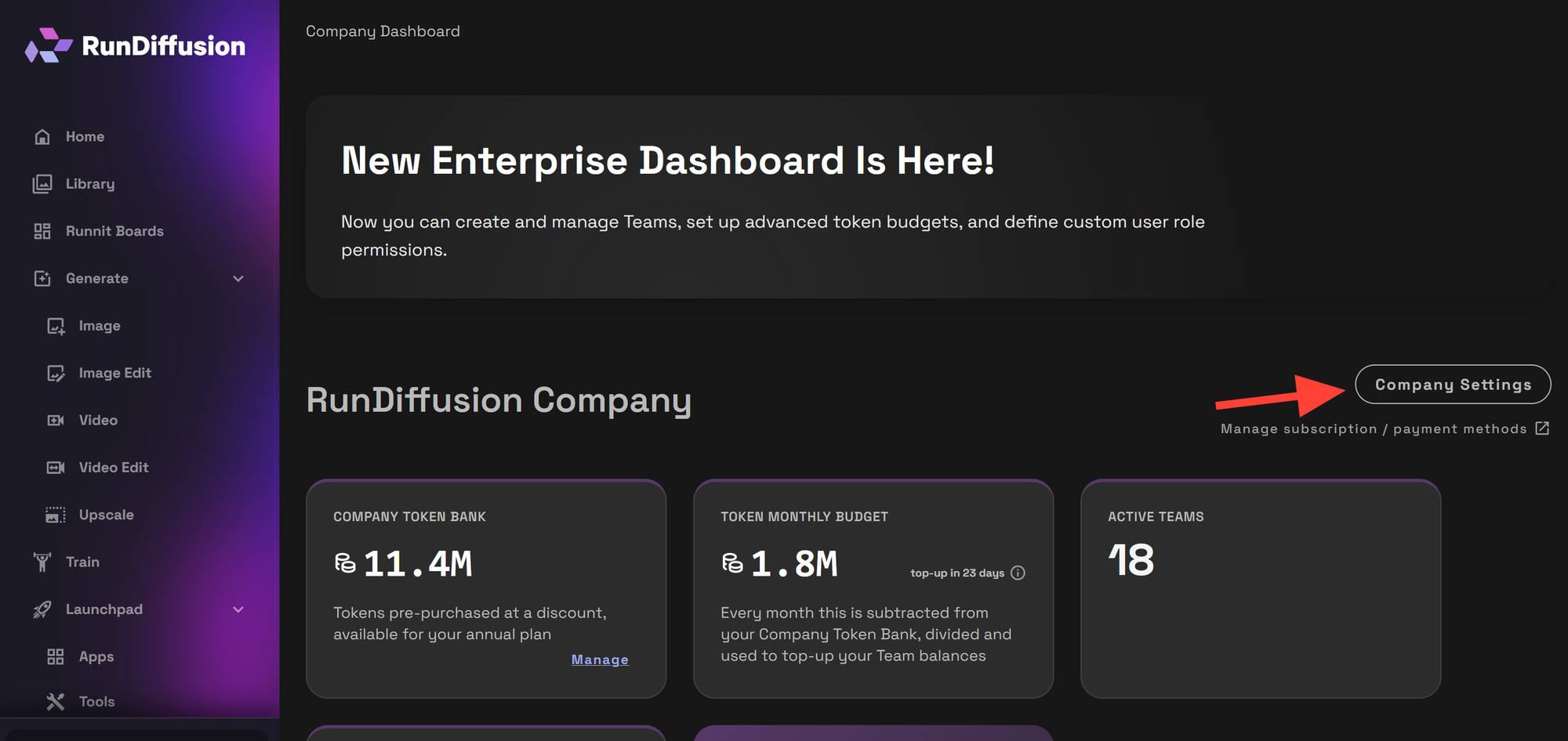 Company Settings screen inside a RunDiffusion company workspace