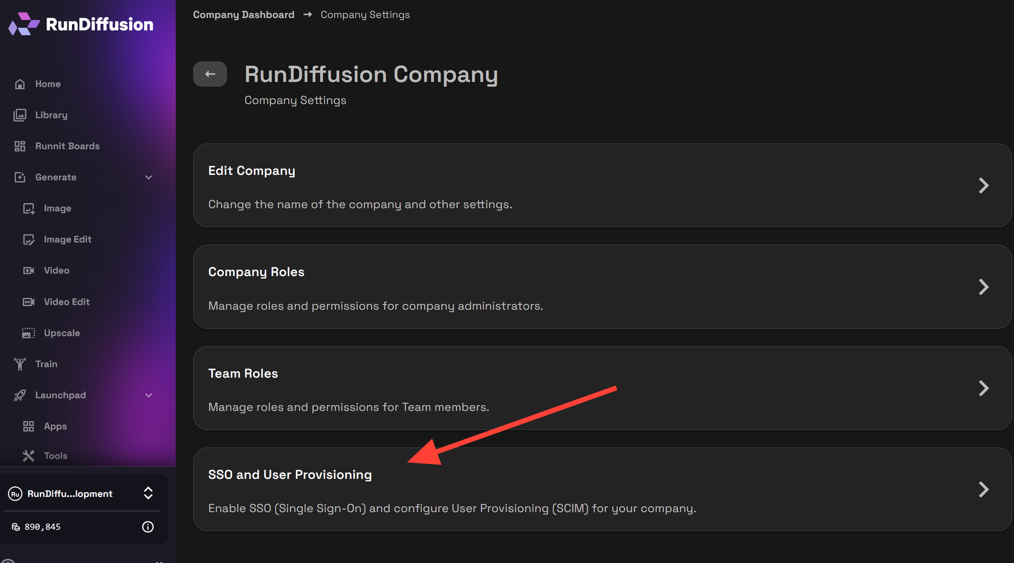 SSO and User Provisioning option inside Company Settings on RunDiffusion