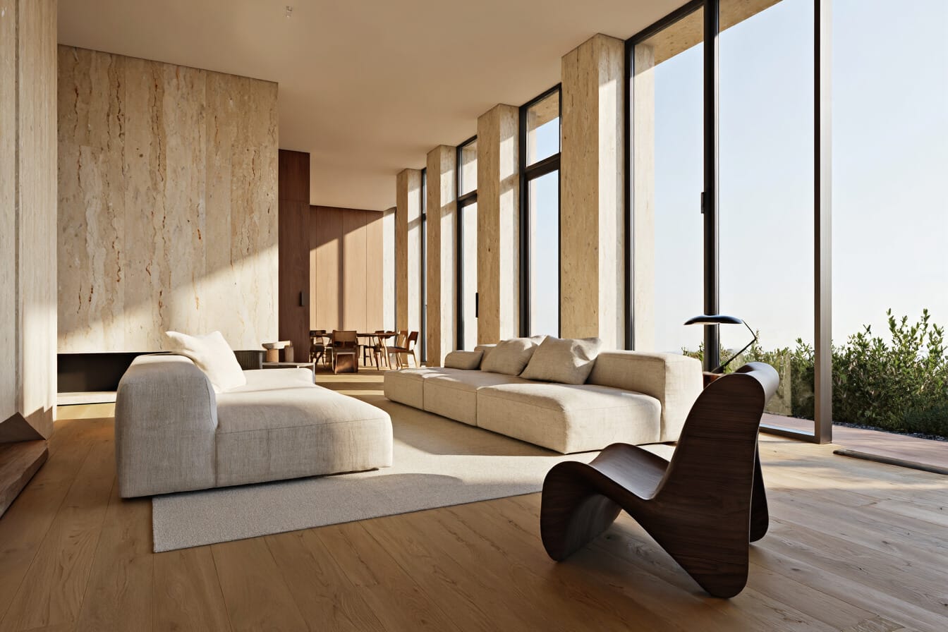 Modern interior with structural clarity, material detail, depth cues, and warm natural light.