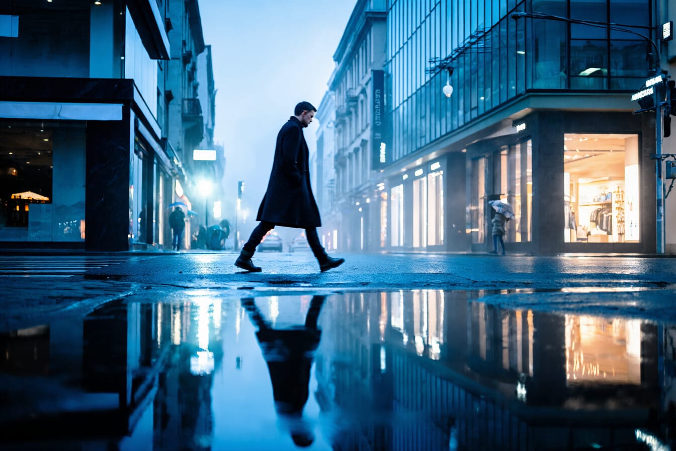 Cinematic urban scene with clear environment, action, lighting, and composition.