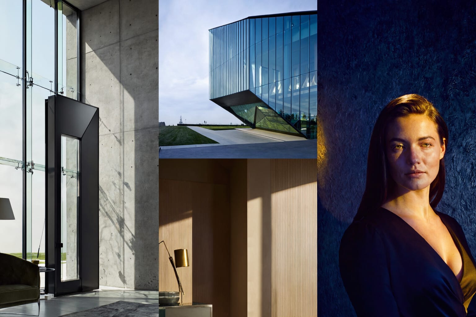 Closing collage showing architecture, interior materials, and portrait lighting inspired by Juggernaut Z prompt outcomes