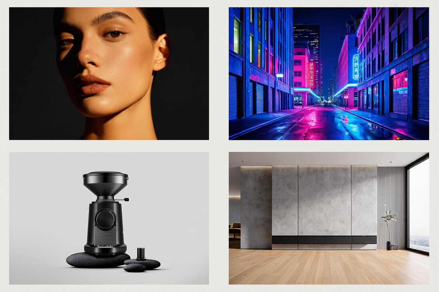 Side-by-side examples for prompt categories including portrait, cinematic, product, and interior scenes