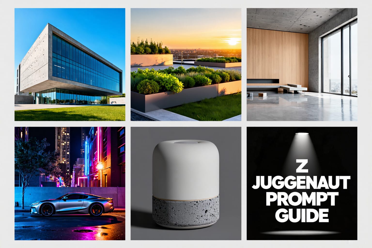 Grid of example outputs from multiple Juggernaut Z prompt categories