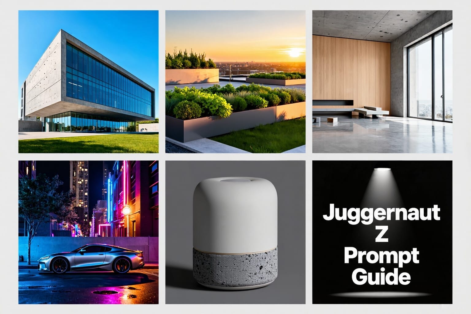 Grid of example outputs from multiple Juggernaut Z prompt categories