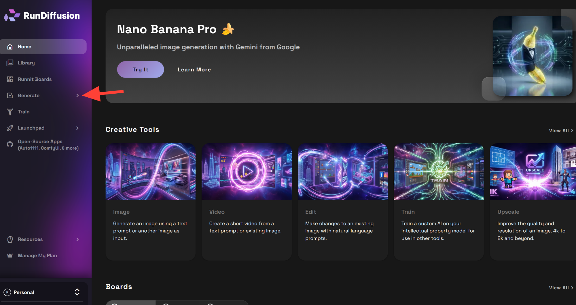 RunDiffusion platform sidebar showing the Generate button used to start an image render.