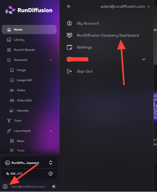 Account menu showing the path to open the Company Dashboard in RunDiffusion