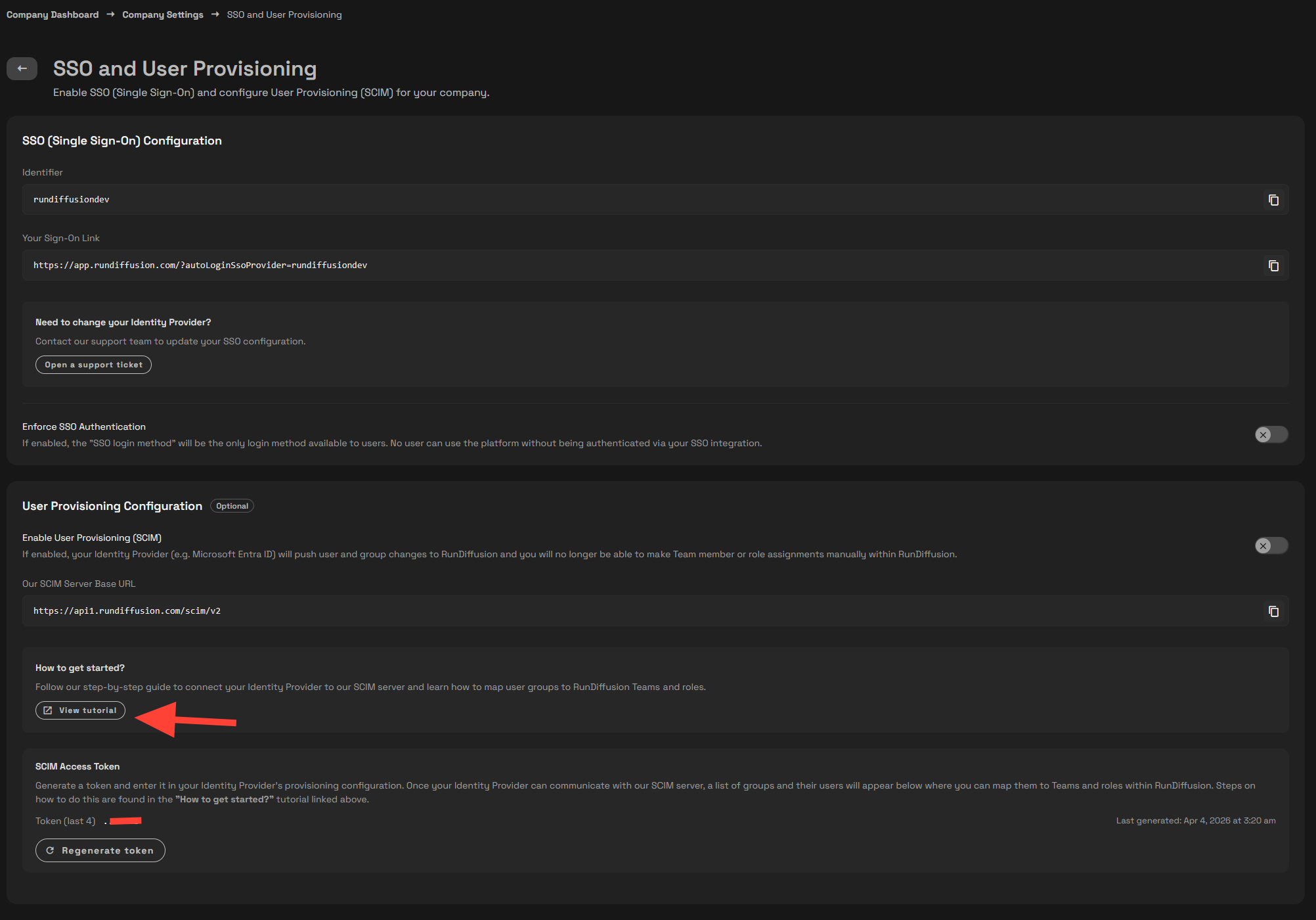 SSO details and SCIM provisioning settings page inside a RunDiffusion company workspace