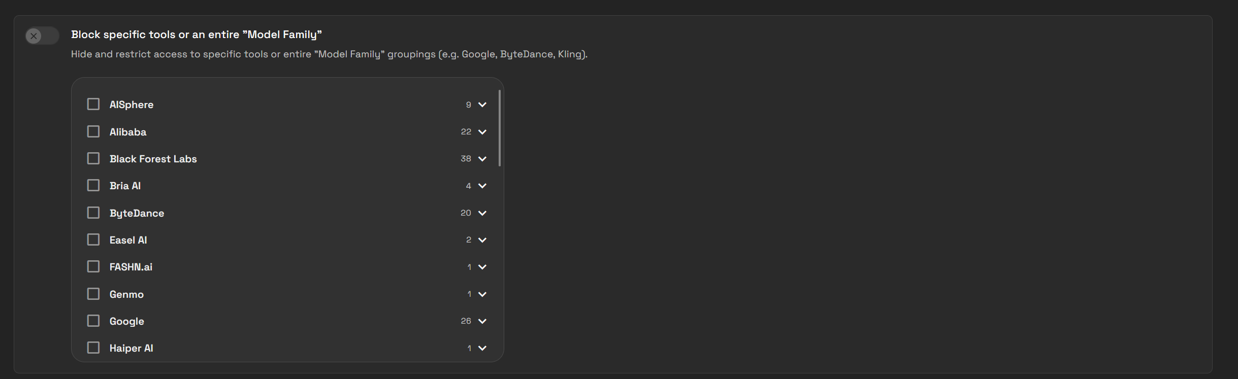 Block specific tools or an entire Model Family setting in Generation Tools permissions.