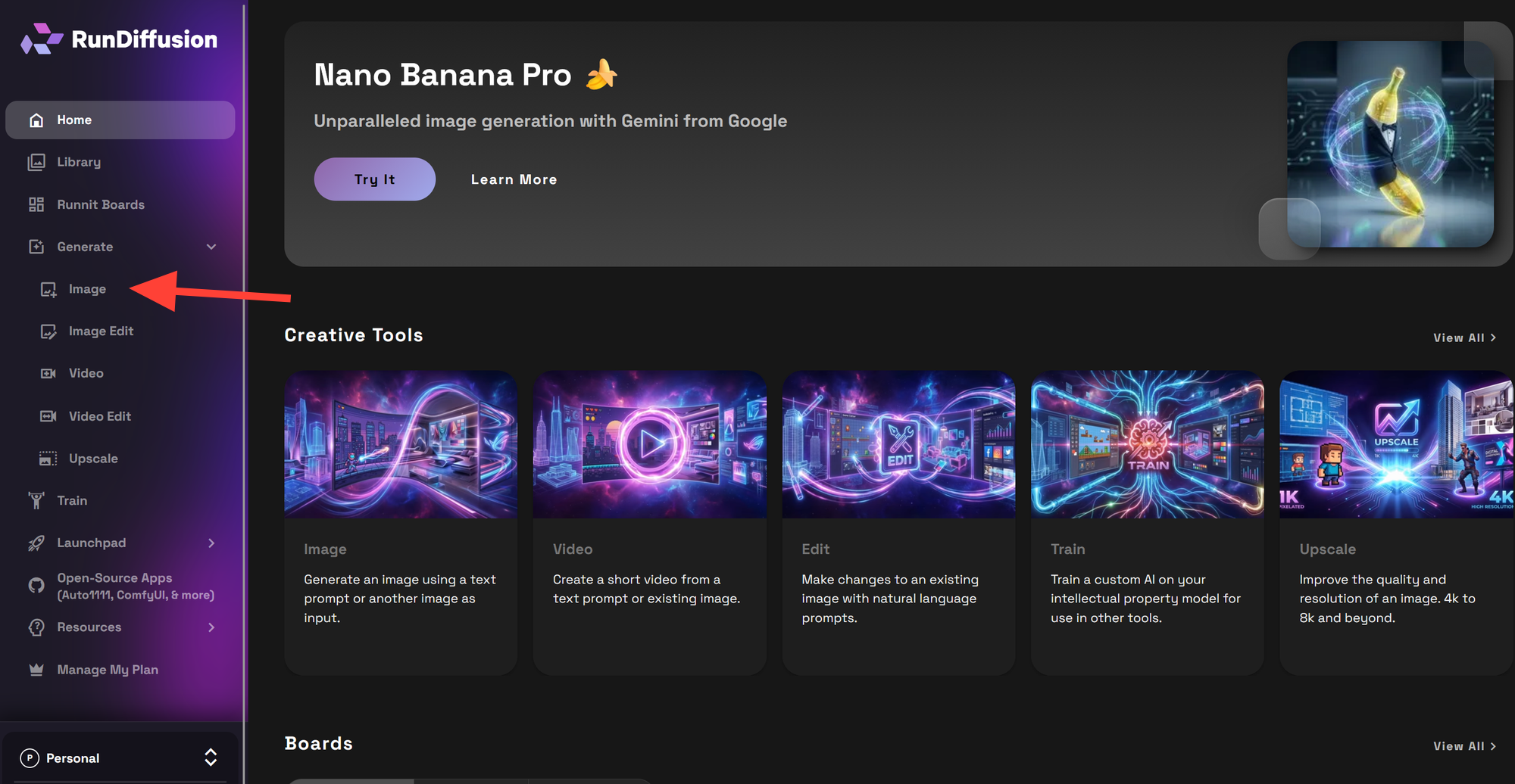 RunDiffusion interface showing the Image option selection in the generation workflow.