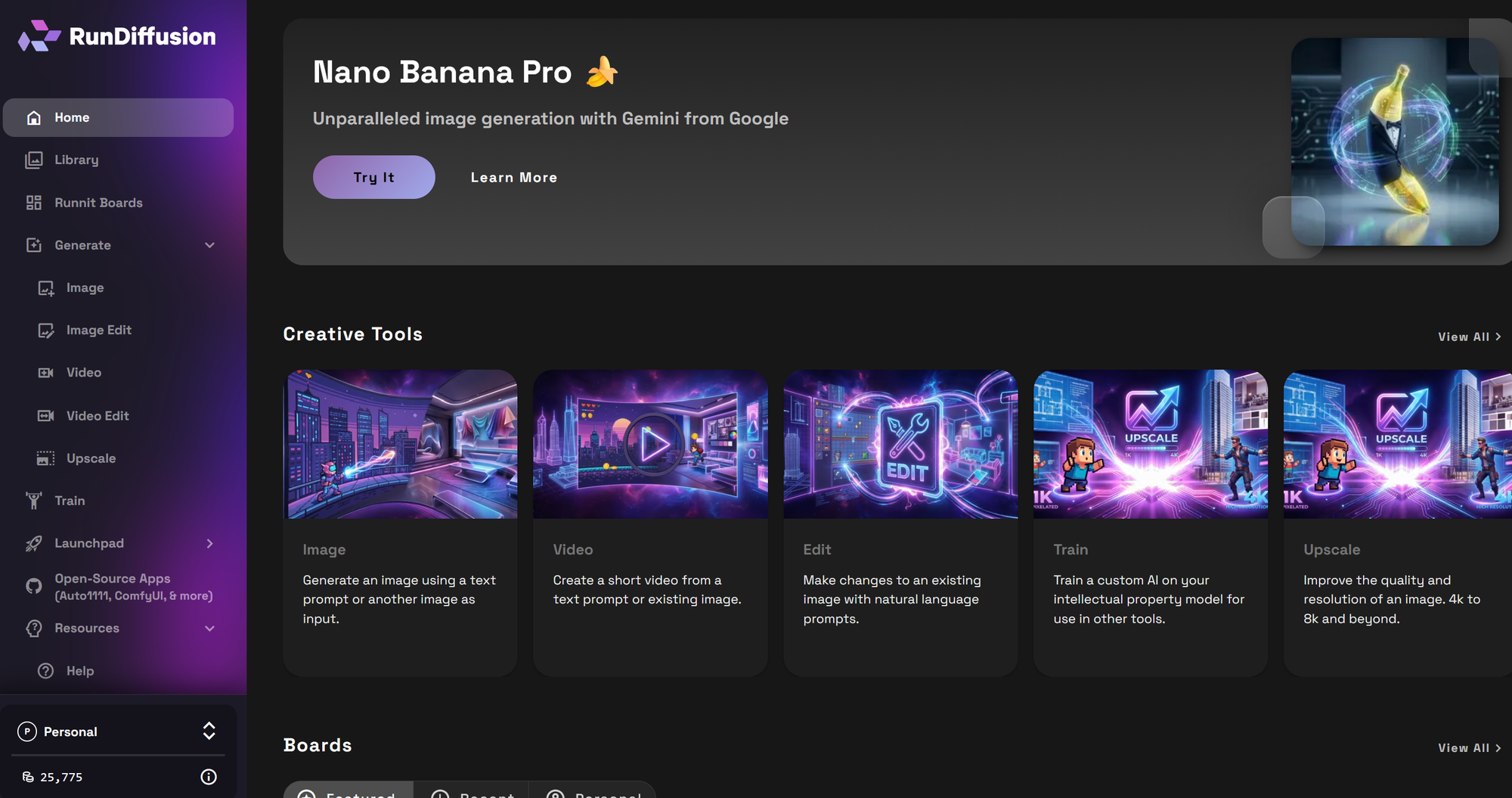 RunDiffusion Runnit Platform screen after login, showing the main workspace before opening video generation tools.