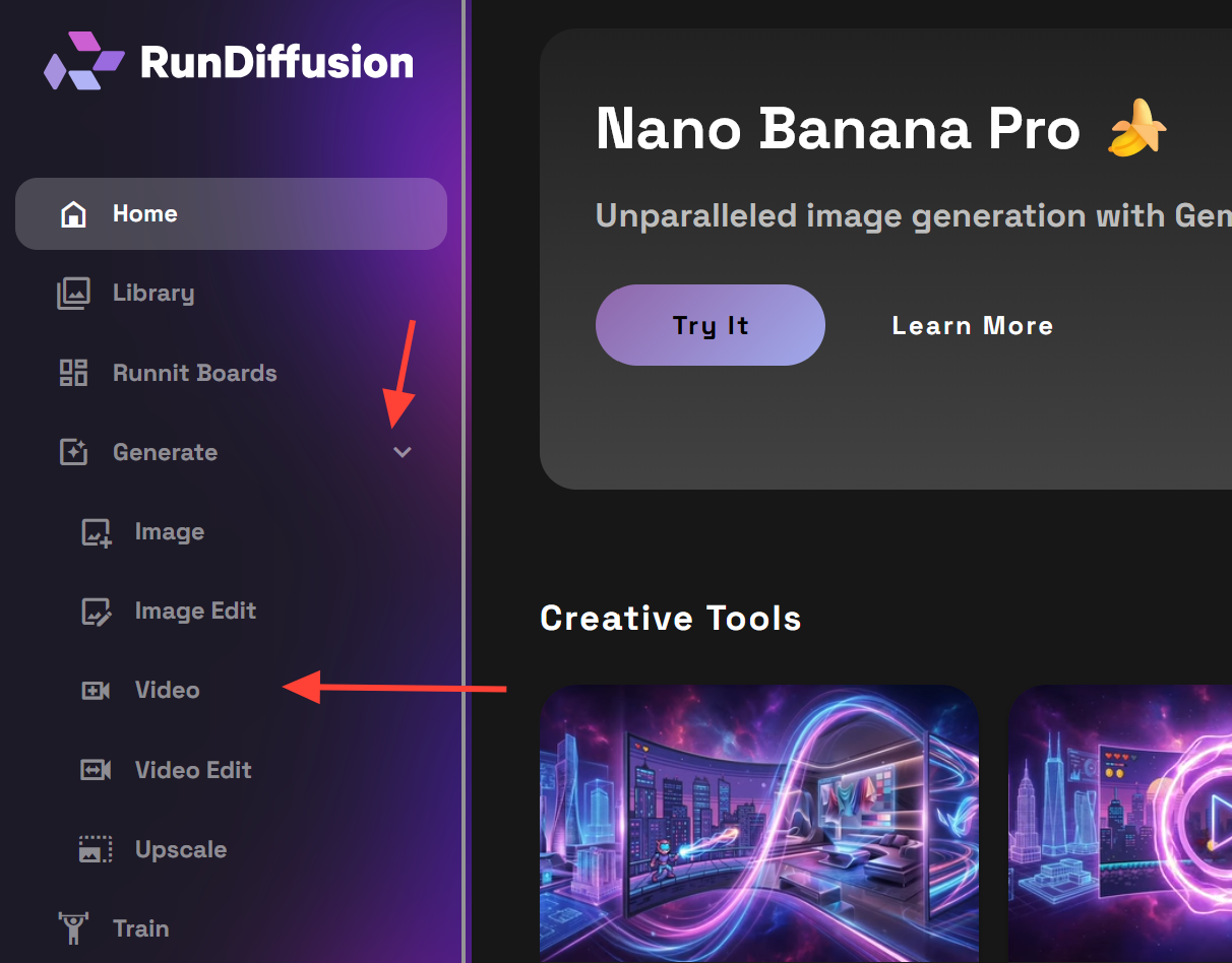 RunDiffusion interface highlighting the Generate and Video navigation used to access Seedance 2.0.