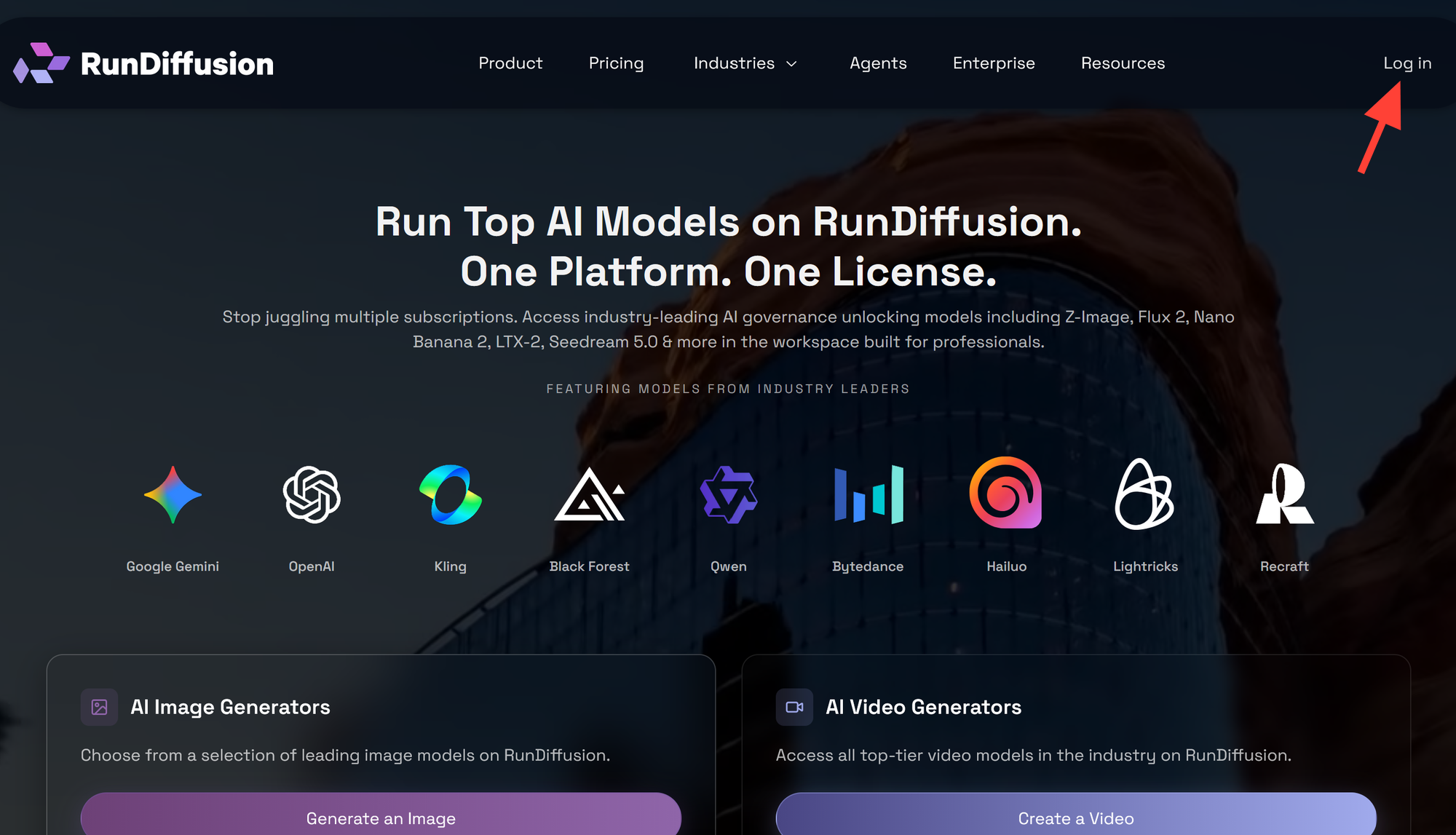 RunDiffusion login screen shown in the step-by-step guide for using architecture prompts.
