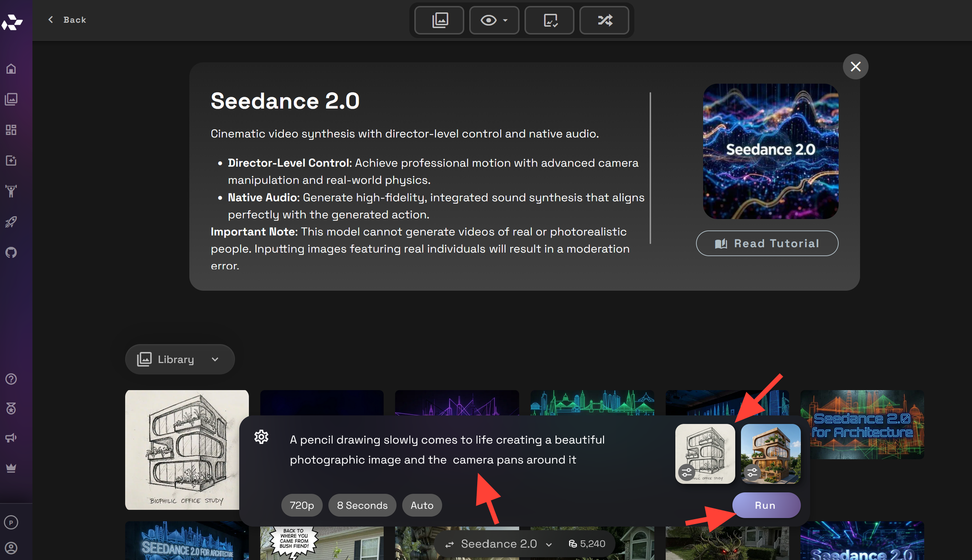 Seedance 2.0 generation interface on RunDiffusion showing the prompt area, image inputs, and Run button.