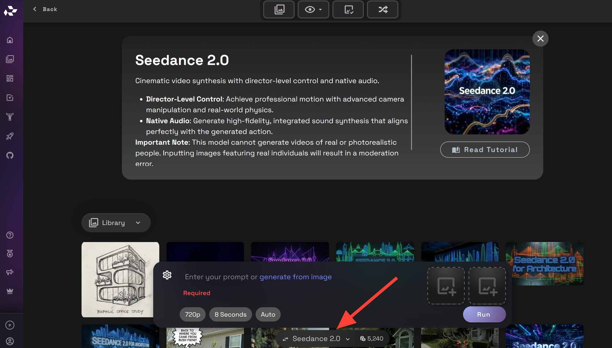 RunDiffusion video model selector showing where to click the current model name before switching to Seedance 2.0.