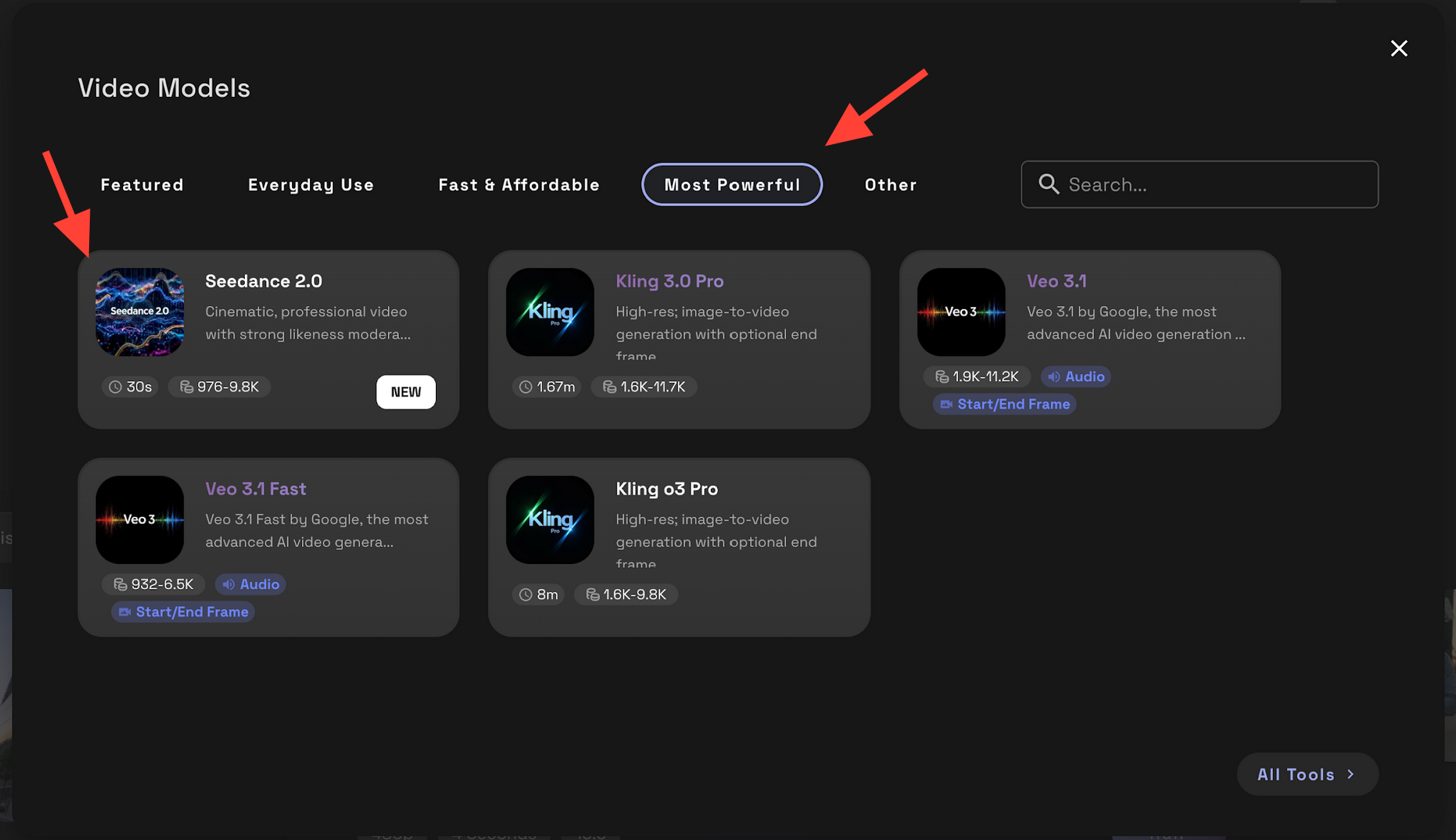 RunDiffusion model menu showing the Most Powerful category and Seedance 2.0 selection for architecture video generation.