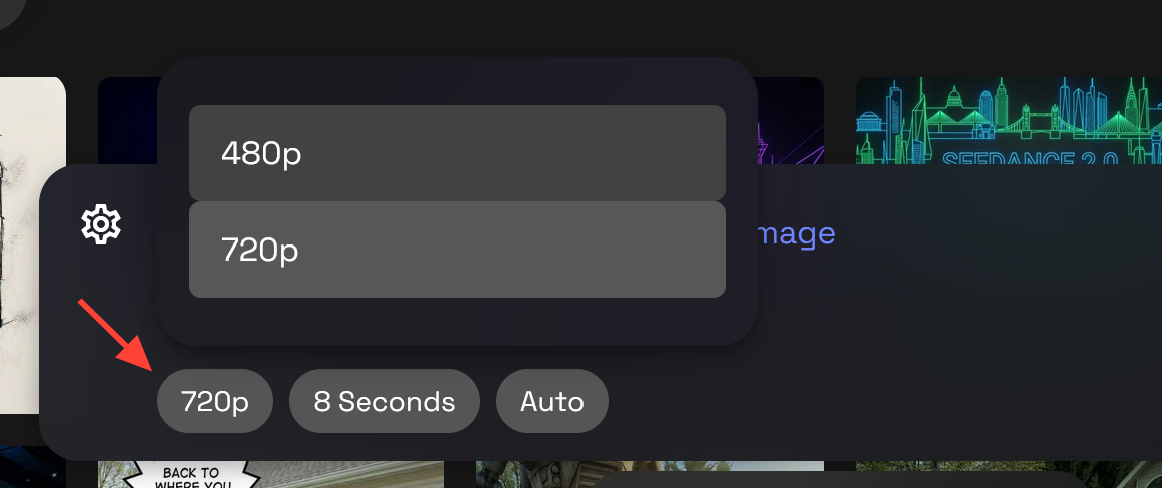 RunDiffusion Seedance 2.0 settings showing the resolution options from 480p to 720p.