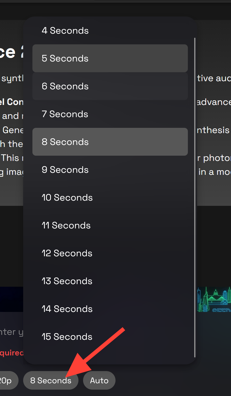 Seedance 2.0 duration control on RunDiffusion showing video length settings up to 15 seconds.