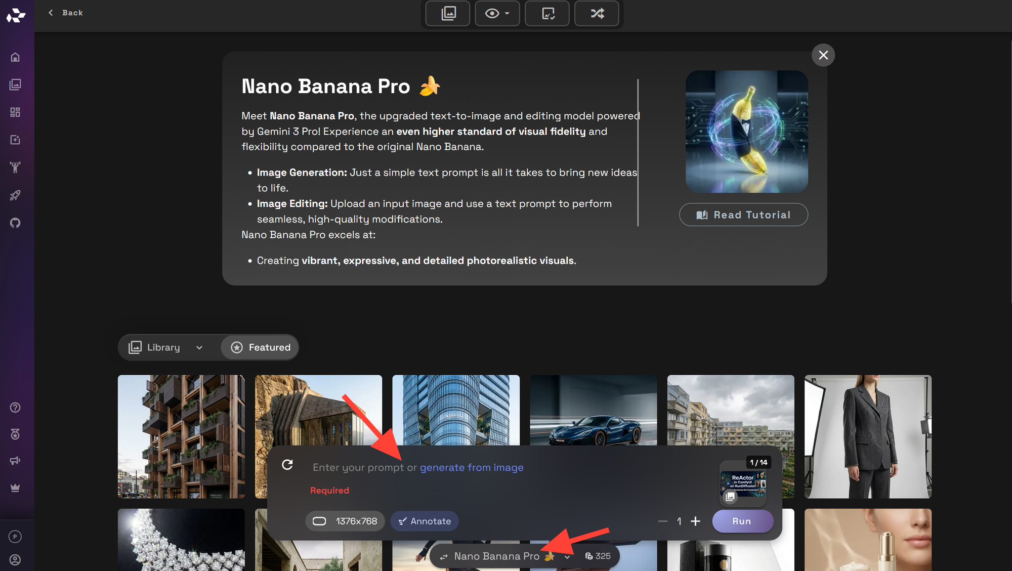 RunDiffusion text-to-image interface where a model is selected and a prompt is pasted.