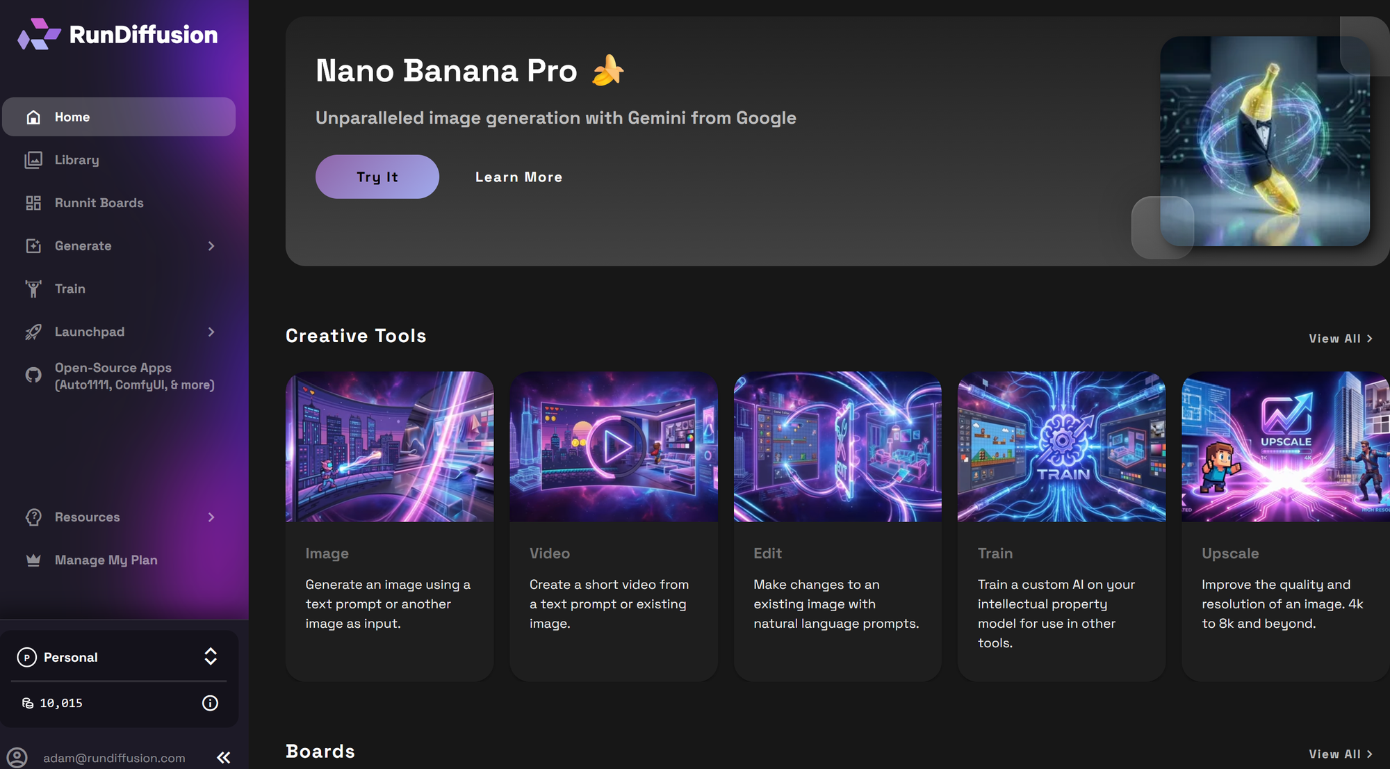 RunDiffusion Runnit Platform landing page after login
