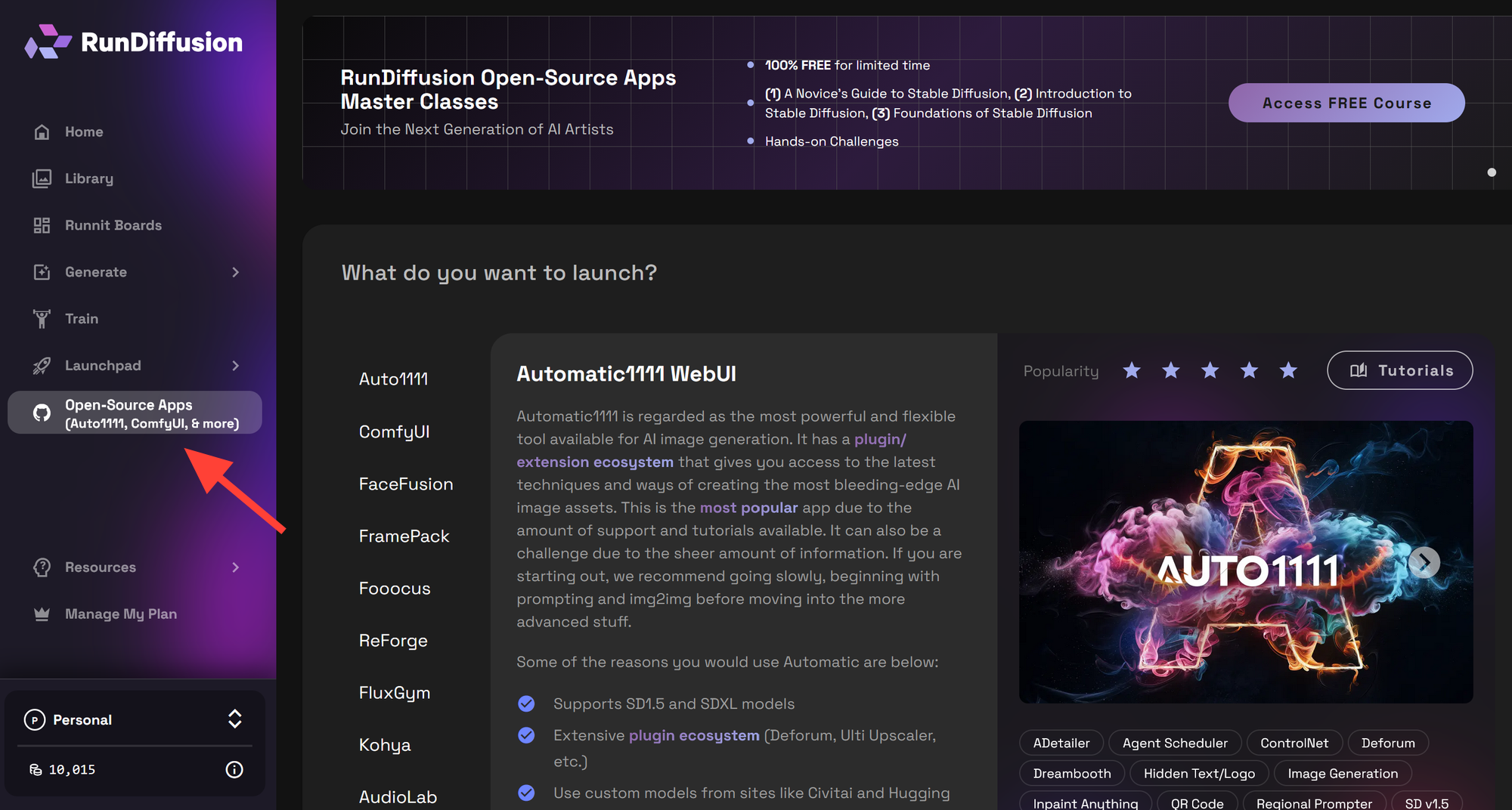 Left sidebar with Opensource Applications selected in RunDiffusion