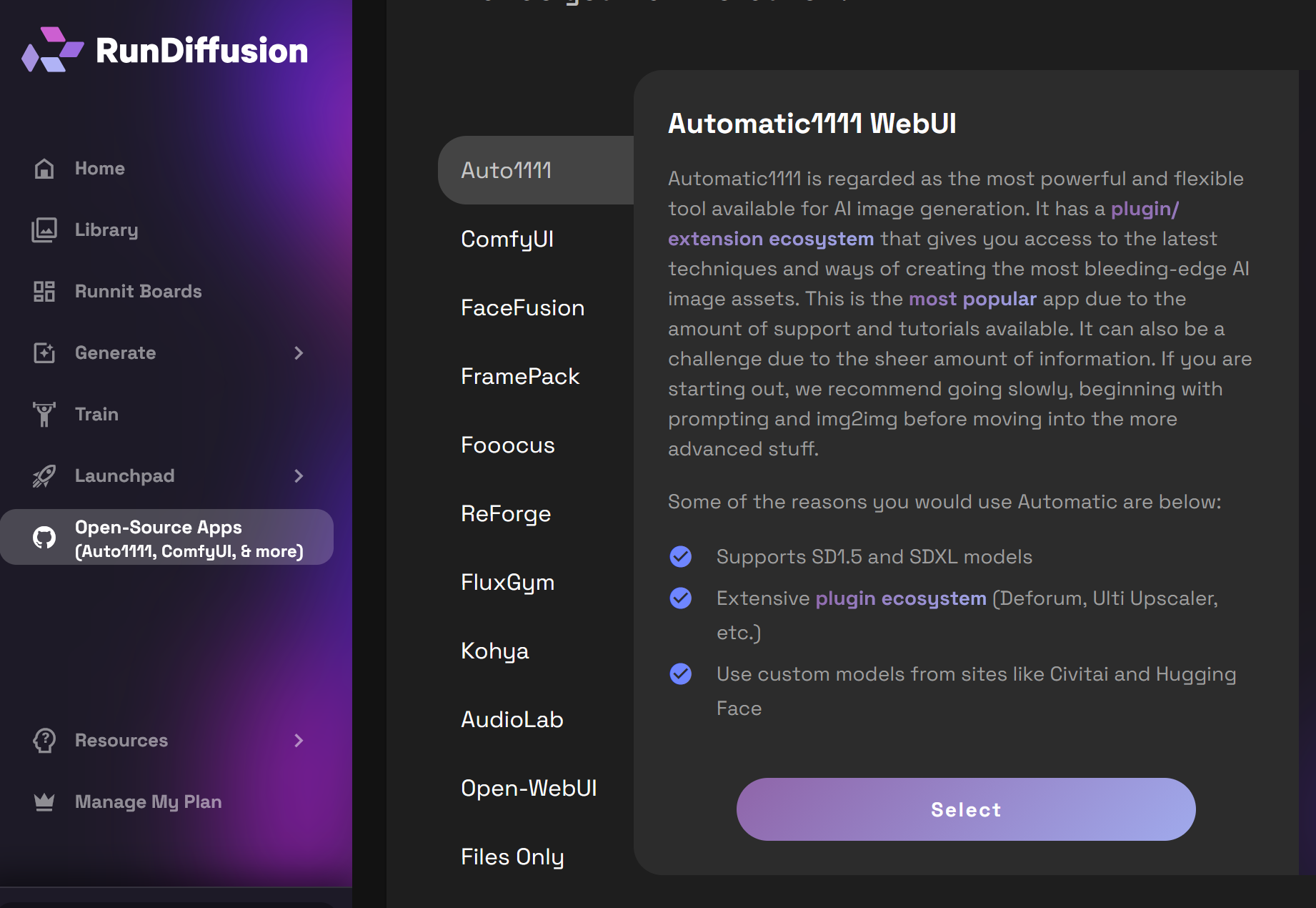 Opensource Applications page with Automatic1111 selected