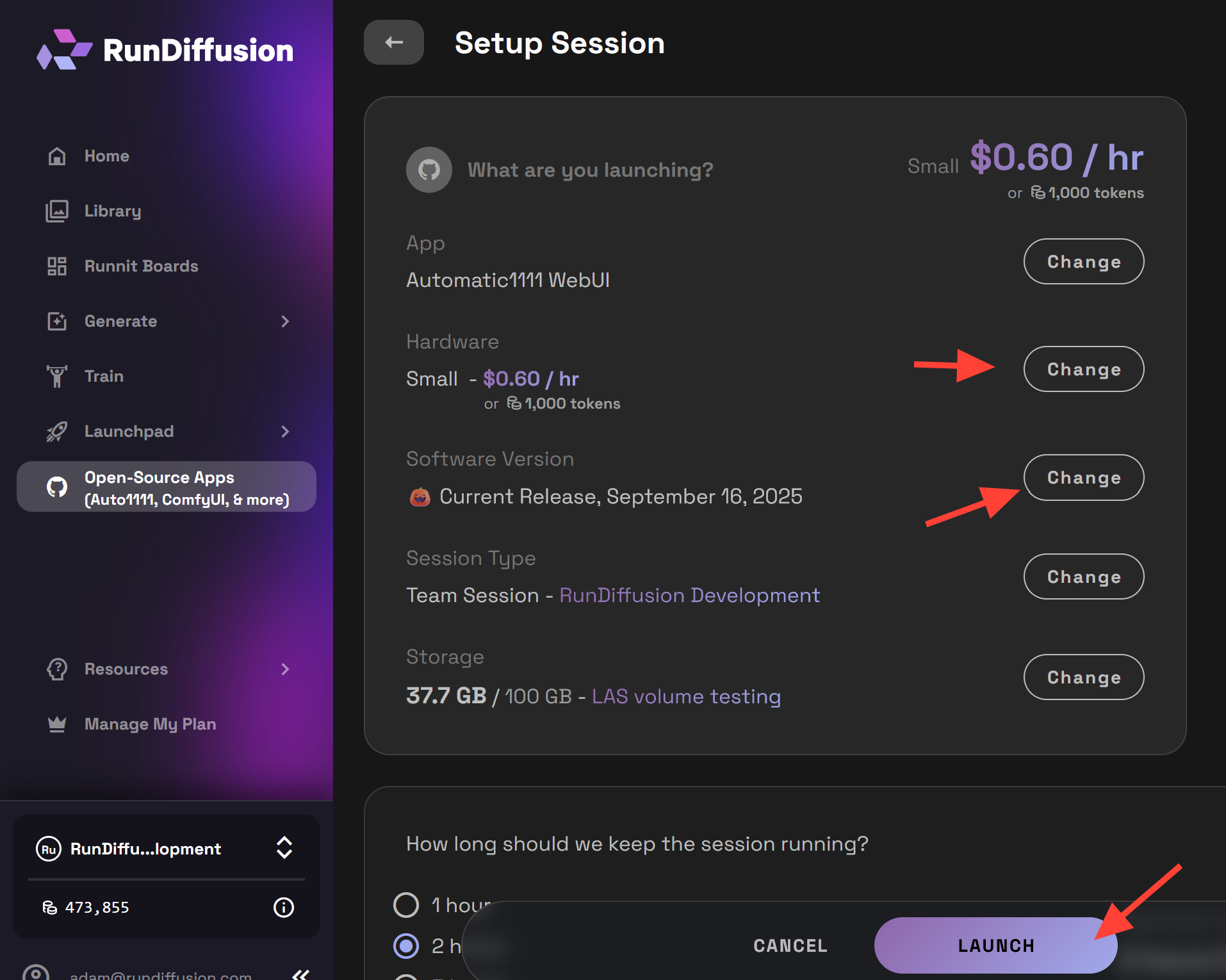 Launch Automatic1111 panel with server options and current build
