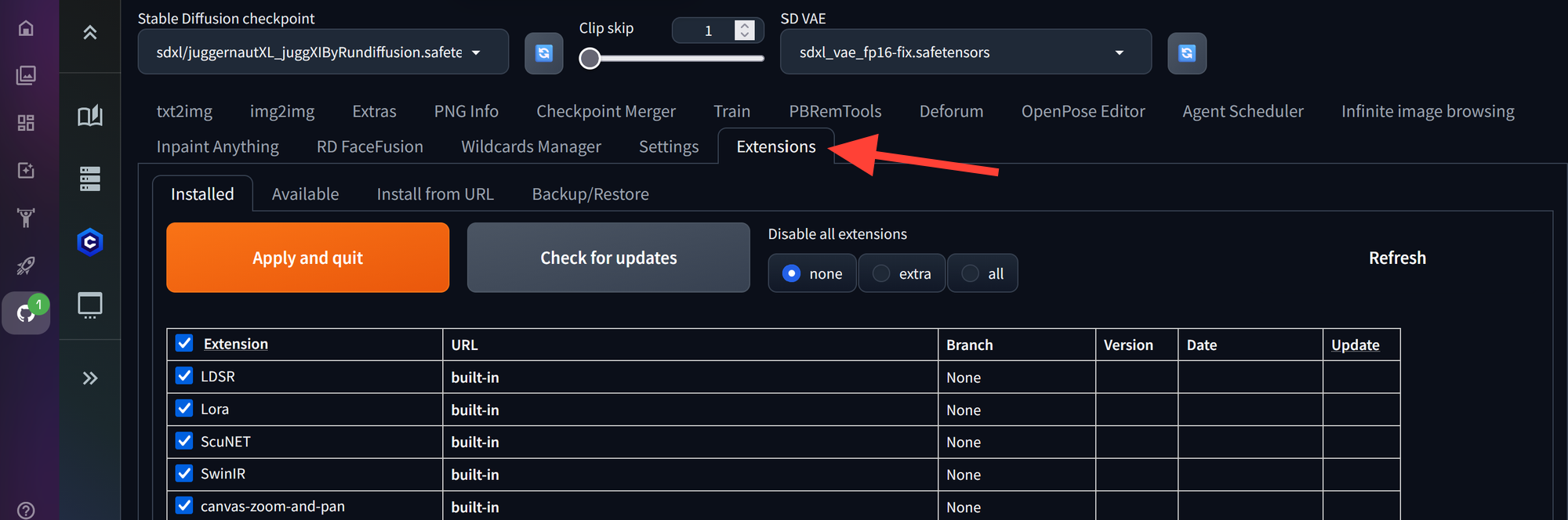 Automatic1111 top menu with Extensions selected