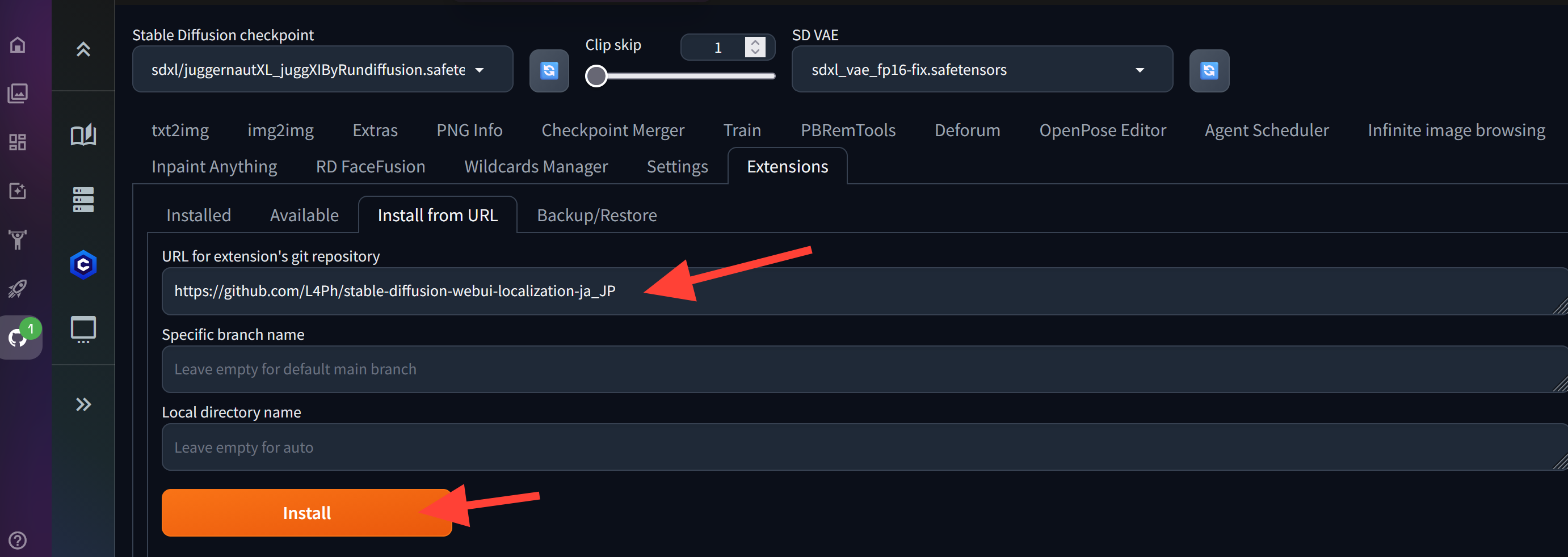 Extensions Install from URL tab with the Japanese localization repository URL entered