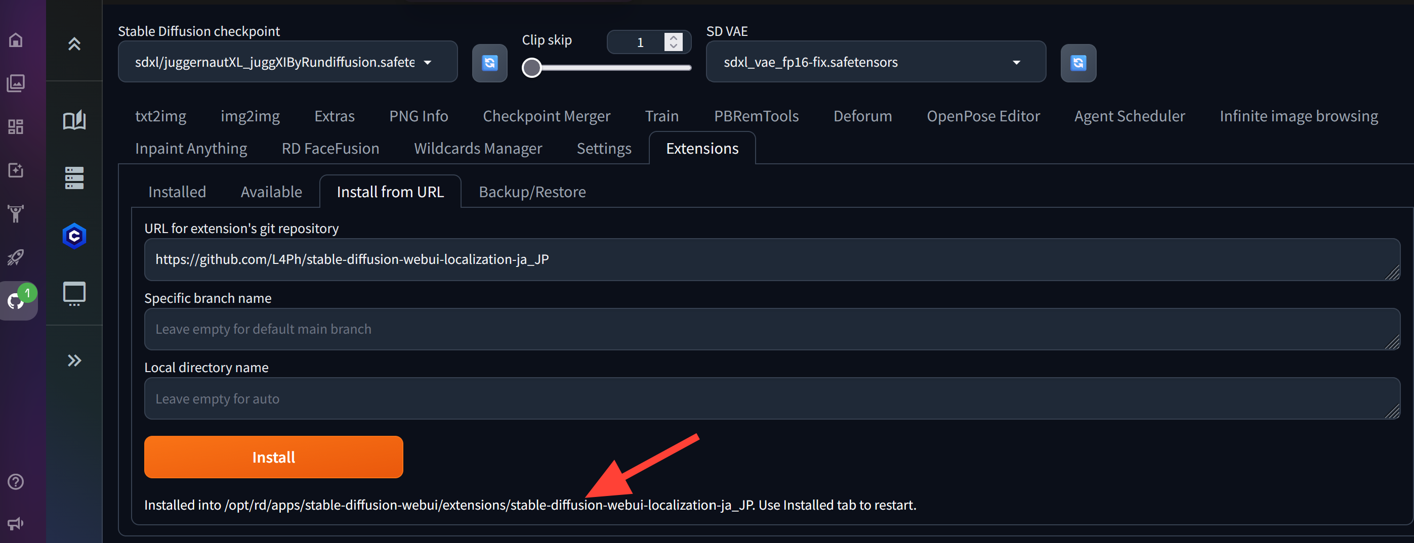 Extension installation confirmation message for stable-diffusion-webui-localization-ja_jp
