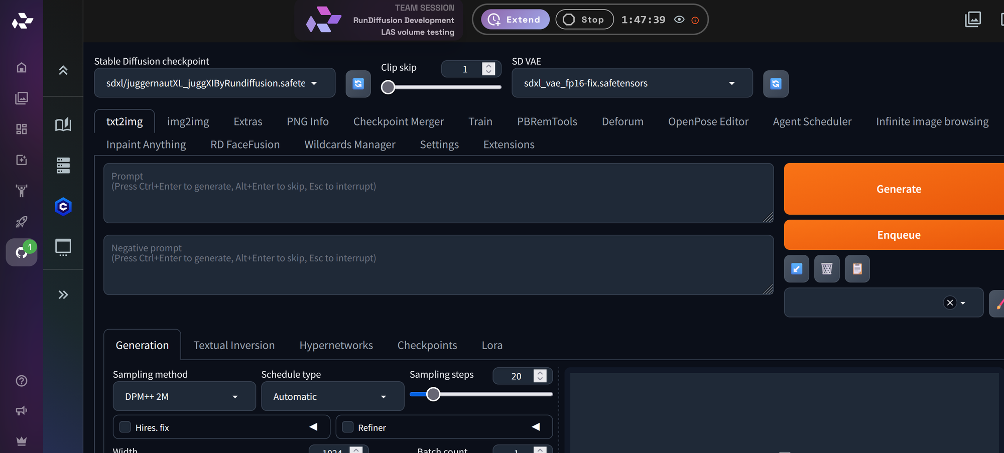 Automatic1111 top menu with Settings selected