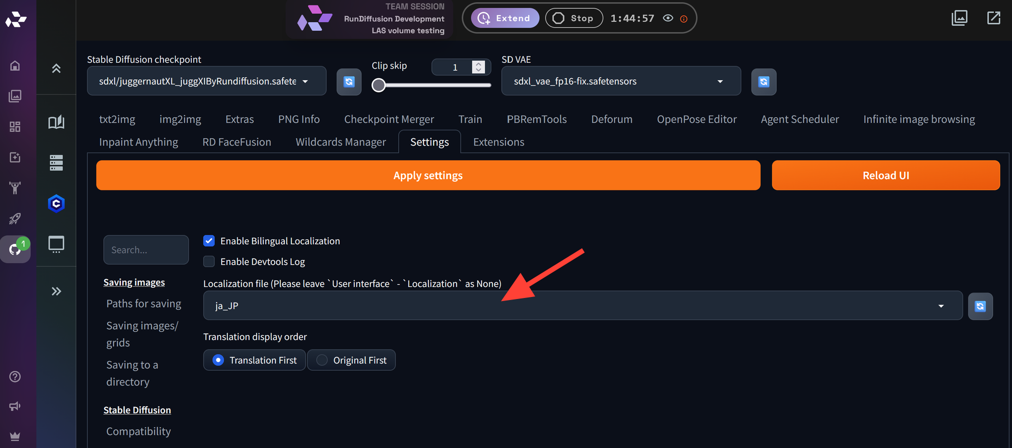 Localization dropdown with ja_JP selected in Automatic1111 settings