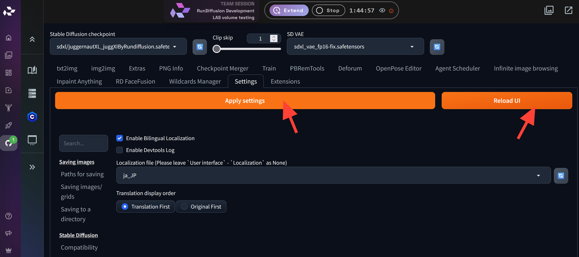 Apply settings and Reload UI buttons in Automatic1111