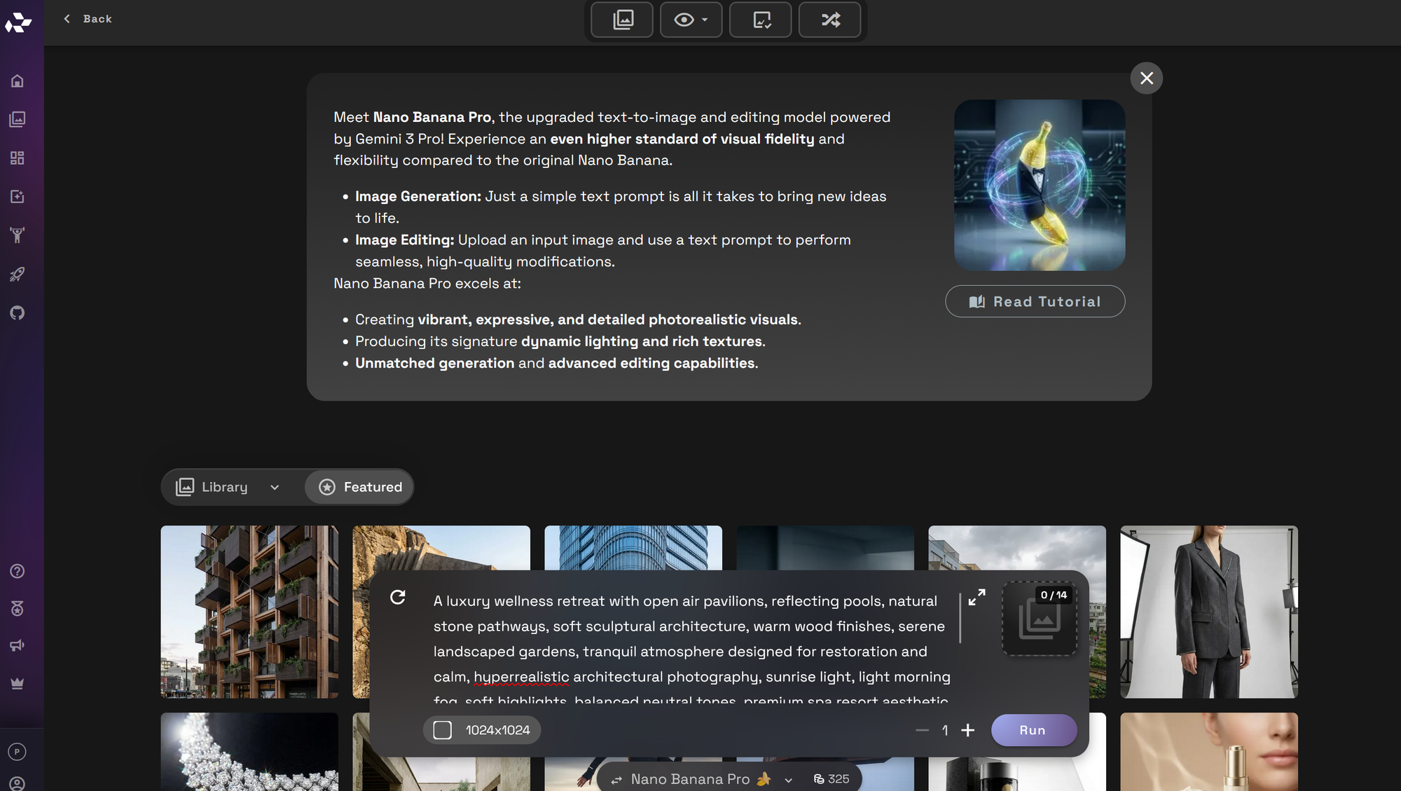RunDiffusion interface showing the Run button used to render the image from the prompt.